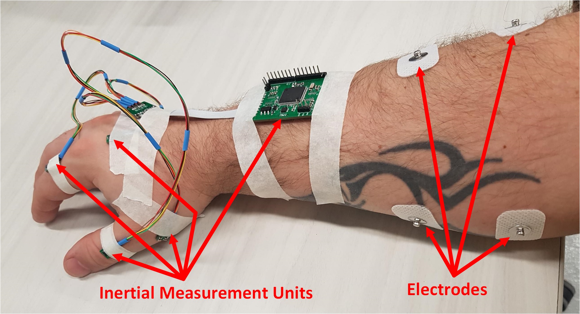 Wearable IMU sensors and electrodes on arm for Parkinson's tremor suppression research
